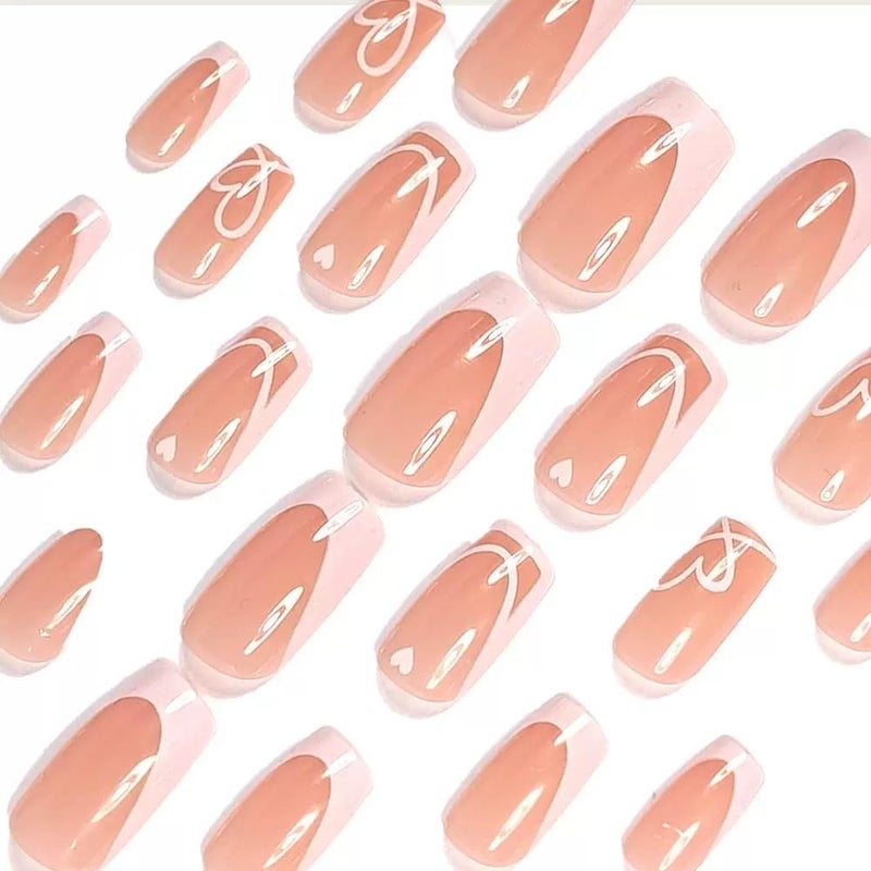 CTTHNBD Square Press on Nails Medium - White French Tip with Heart Stripes Design - Glossy Full Cover Stick on False Nails - for Women 24 Pcs - Image 3